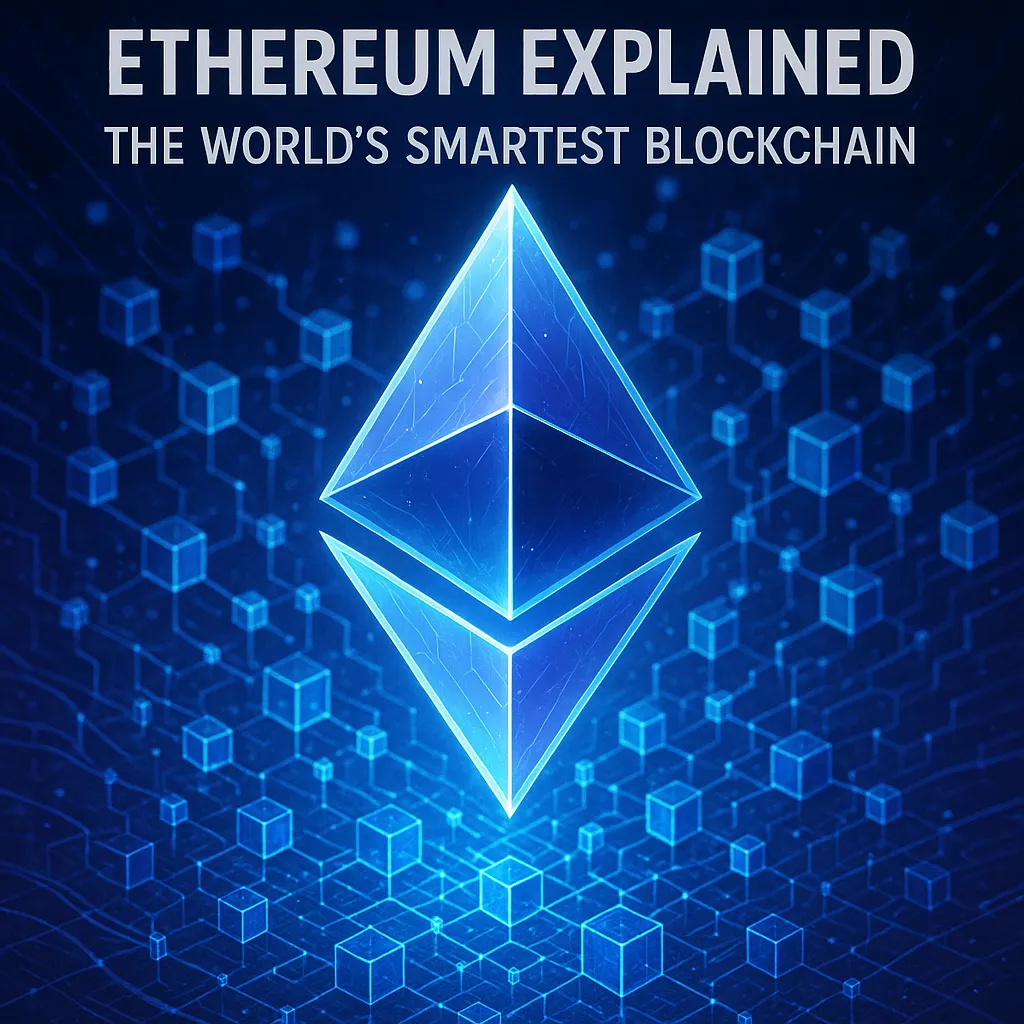 Glowing Ethereum logo surrounded by digital blockchain cubes in a futuristic blue grid