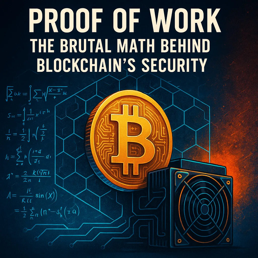 Illustration of Bitcoin Proof of Work concept with golden Bitcoin, cryptographic math formulas, and ASIC mining machine